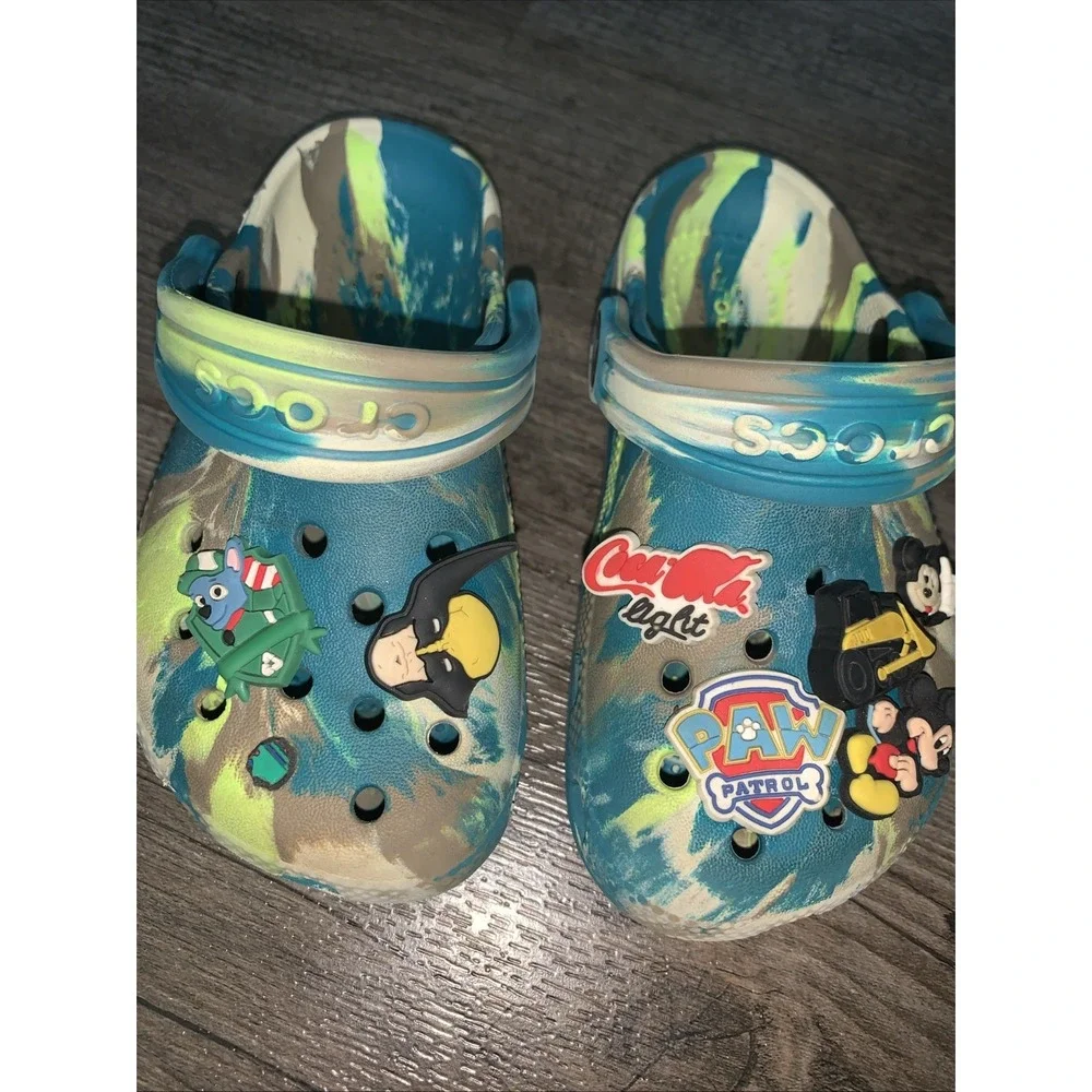 Crocs Toddler Multicolor Marbled Clogs Size 9 Paw Patrol Mickey Mouse Charms